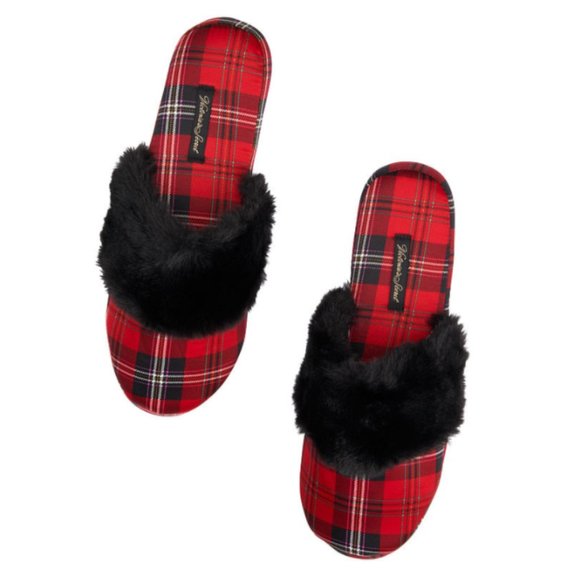 VICTORIA'S SECRET Signature Plaid Satin & Faux Fur Closed Toe Slippers Sz M 7/8 - Picture 2 of 5